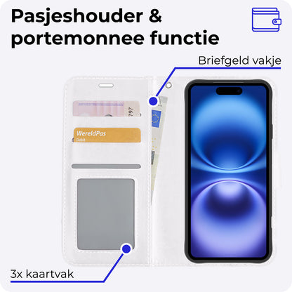iPhone 16 Hoesje Bookcase Cover met Kaarthouder - Wit