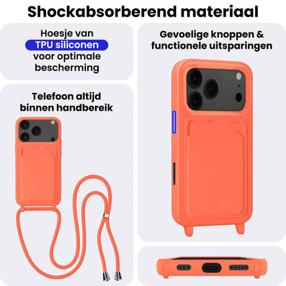 iPhone 17 Pro Hoesje Met Telefoonkoord en Pasjeshouder Siliconen - Papaya