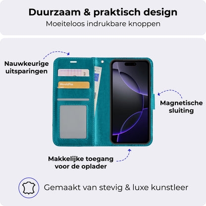 iPhone 16 Pro Hoesje Bookcase Cover met Kaarthouder - Turquoise