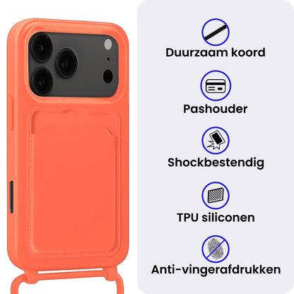 iPhone 17 Pro Hoesje Met Telefoonkoord en Pasjeshouder Siliconen - Papaya