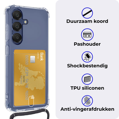 Samsung A16 Hoesje Kaarthouder met Koord Backcover Shockproof - Transparant