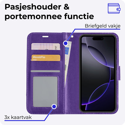 iPhone 16 Pro Hoesje Bookcase Cover met Kaarthouder - Paars
