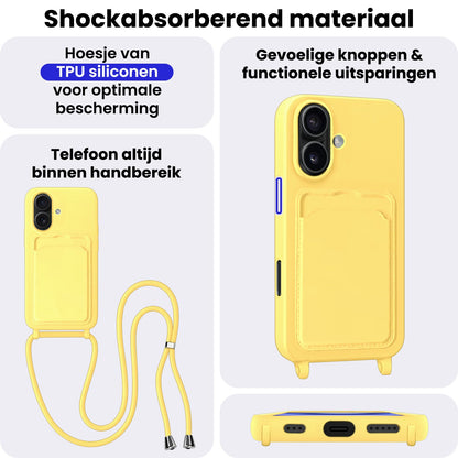 iPhone 16 Plus Hoesje Met Telefoonkoord en Pasjeshouder Siliconen - Geel