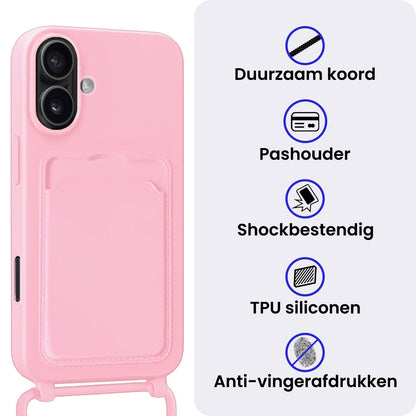 iPhone 16 Hoesje Met Telefoonkoord en Pasjeshouder Siliconen - Lichtroze