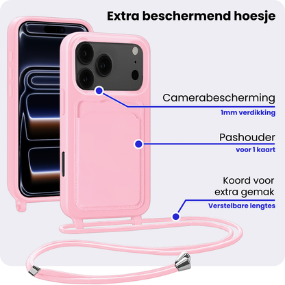 iPhone 17 Pro Max Hoesje Met Telefoonkoord en Pasjeshouder Siliconen - Lichtroze