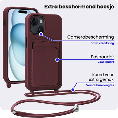 iPhone 15 Hoesje Met Telefoonkoord en Pasjeshouder Siliconen - Aubergine
