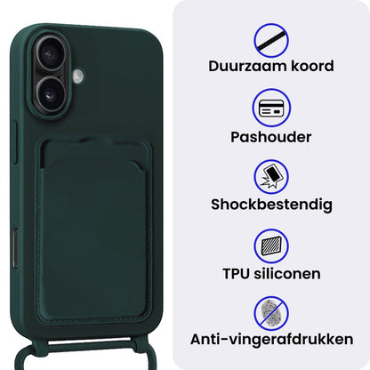 iPhone 16 Hoesje Met Telefoonkoord en Pasjeshouder Siliconen - Donkergroen