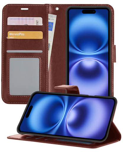 iPhone 16 Hoesje Bookcase Cover met Kaarthouder - Bruin