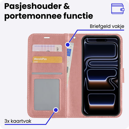 iPhone 17 Pro Hoesje Bookcase Cover met Kaarthouder - Rosé goud