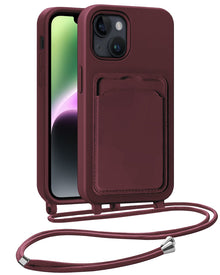 iPhone 14 Hoesje Met Telefoonkoord en Pasjeshouder Siliconen - Aubergine
