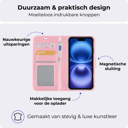 iPhone 16 Plus Hoesje Bookcase Cover met Kaarthouder - Lichtroze