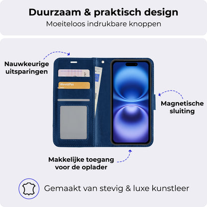 iPhone 16 Hoesje Bookcase Cover met Kaarthouder - Donkerblauw
