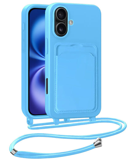 iPhone 16 Hoesje Met Telefoonkoord en Pasjeshouder Siliconen - Lichtblauw