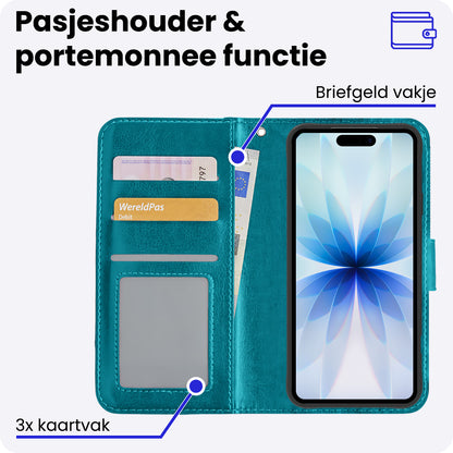 iPhone 17 Hoesje Bookcase Cover met Kaarthouder - Turquoise