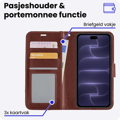 iPhone 18 Pro Hoesje Bookcase Cover met Kaarthouder - Bruin