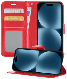iPhone 15 Hoesje Bookcase Cover met Kaarthouder - Rood