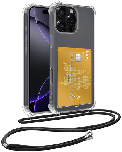 iPhone 16 Pro Max Hoesje Kaarthouder met Koord Backcover Shockproof - Transparant