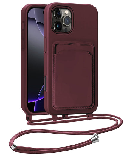 iPhone 16 Pro Hoesje Met Telefoonkoord en Pasjeshouder Siliconen - Aubergine