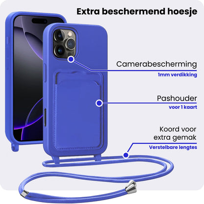 iPhone 16 Pro Max Hoesje Met Telefoonkoord en Pasjeshouder Siliconen - Felblauw