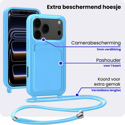 iPhone 17 Pro Hoesje Met Telefoonkoord en Pasjeshouder Siliconen - Lichtblauw