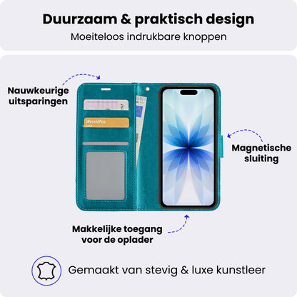 iPhone 17 Hoesje Bookcase Cover met Kaarthouder - Turquoise