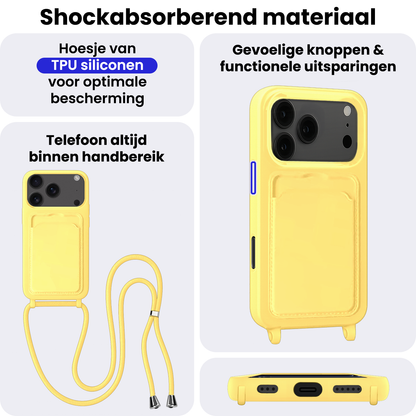 iPhone 17 Pro Max Hoesje Met Telefoonkoord en Pasjeshouder Siliconen - Geel