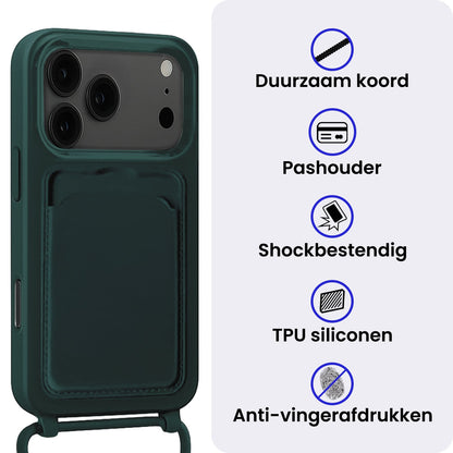 iPhone 17 Pro Hoesje Met Telefoonkoord en Pasjeshouder Siliconen - Donkergroen