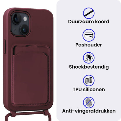 iPhone 14 Plus Hoesje Met Telefoonkoord en Pasjeshouder Siliconen - Aubergine