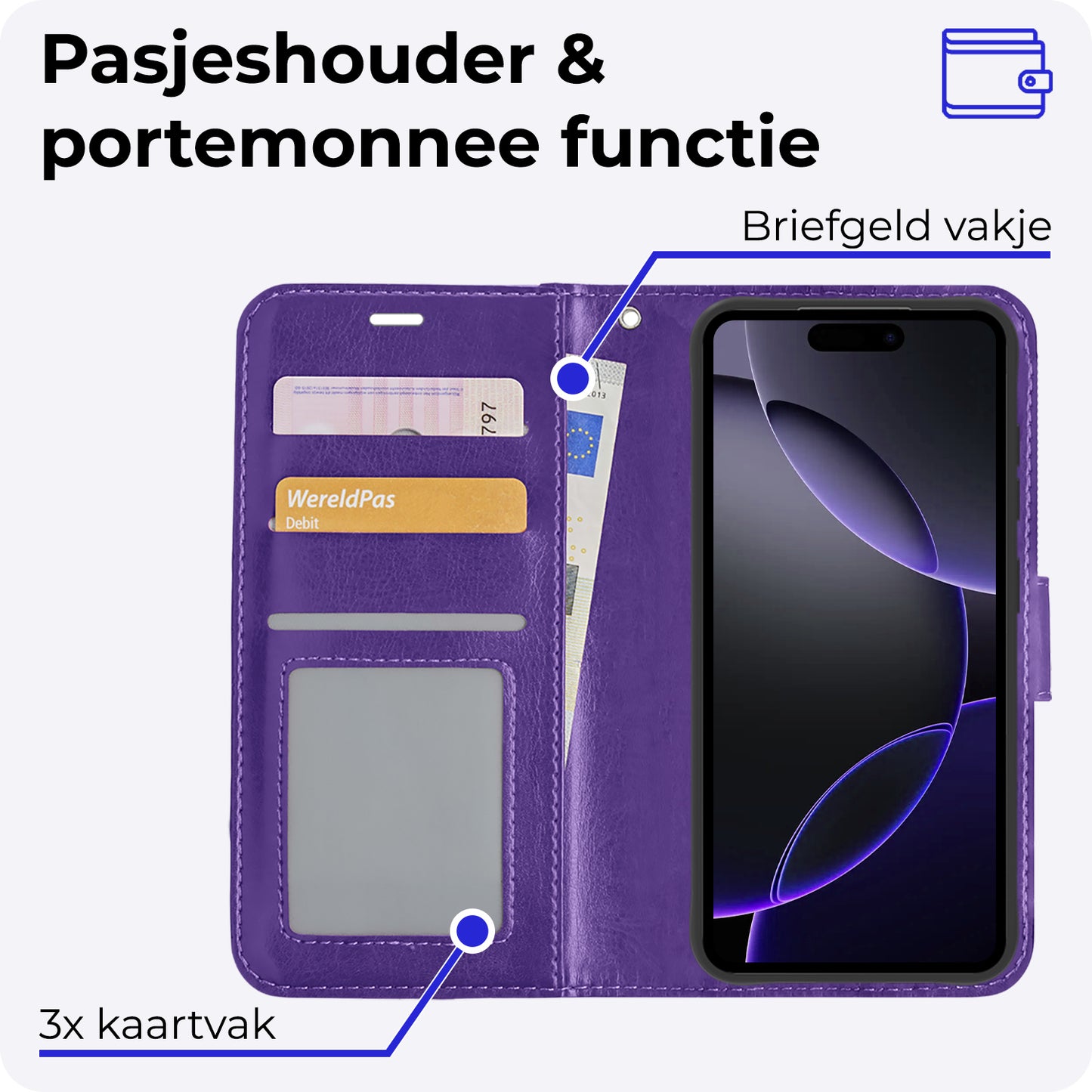 iPhone 16 Pro Max Hoesje Book Case Kunstleer - Paars