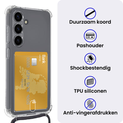 Samsung S25 Plus Hoesje Kaarthouder met Koord Backcover Shockproof - Transparant