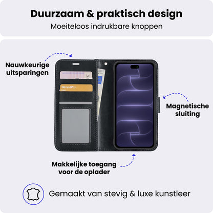 iPhone 18 Pro Hoesje Bookcase Cover met Kaarthouder - Zwart
