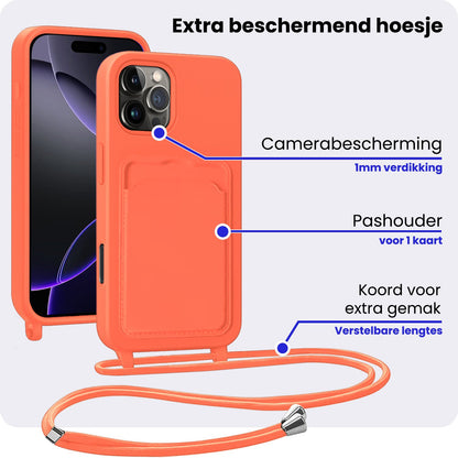 iPhone 16 Pro Hoesje Met Telefoonkoord en Pasjeshouder Siliconen - Papaya