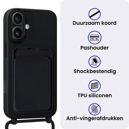 iPhone 16 Plus Hoesje Met Telefoonkoord en Pasjeshouder Siliconen - Zwart