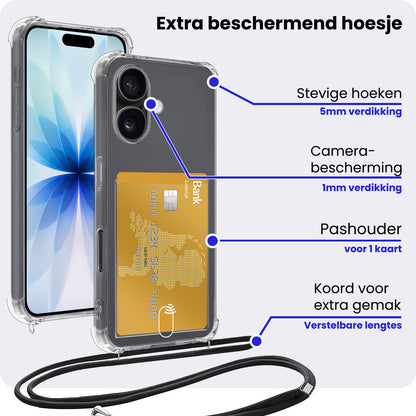 iPhone 17 Hoesje Kaarthouder met Koord Backcover Shockproof - Transparant