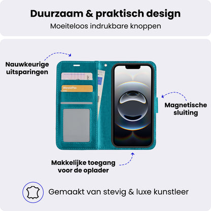 iPhone 16e Hoesje Bookcase Cover met Kaarthouder - Turquoise