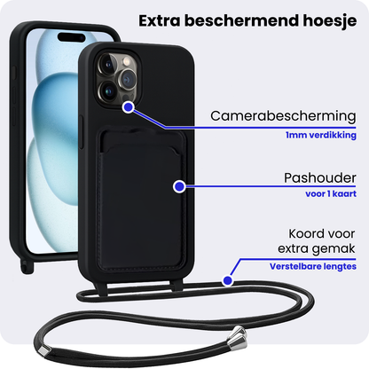 iPhone 14 Pro Max Hoesje Met Telefoonkoord en Pasjeshouder Siliconen - Zwart