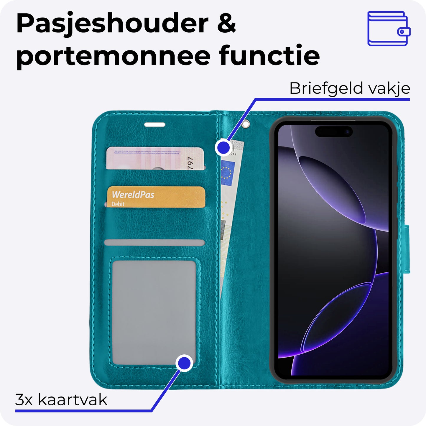 iPhone 16 Pro Max Hoesje Book Case Kunstleer - Turquoise