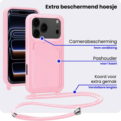 iPhone 17 Pro Hoesje Met Telefoonkoord en Pasjeshouder Siliconen - Lichtroze