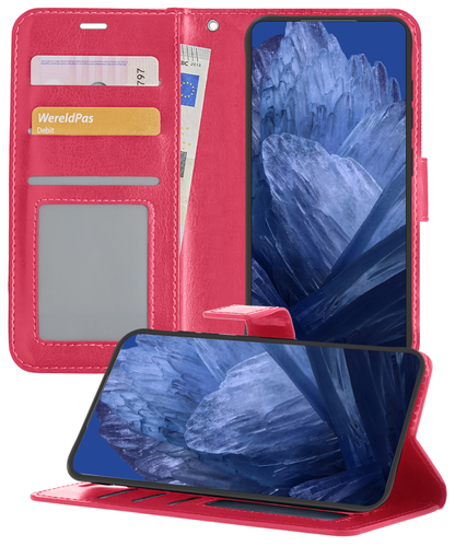 Google Pixel 8a Hoesje Bookcase Cover met Kaarthouder - Donkerroze