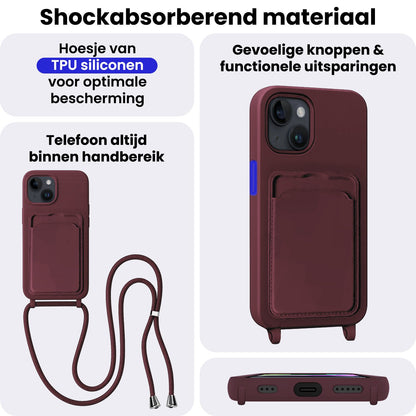 iPhone 13 Hoesje Met Telefoonkoord en Pasjeshouder Siliconen - Aubergine