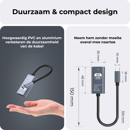 USB C naar HDMI Adapter 4K 30Hz HD Converter - USB C naar HDMI Adapter - 15cm  - Zwart