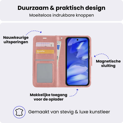 Google Pixel 9a Hoesje Bookcase Cover met Kaarthouder - Rosé goud