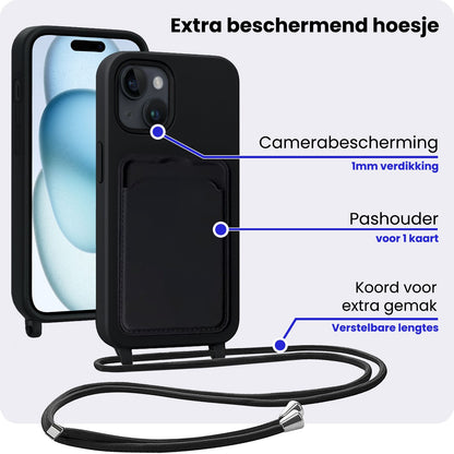 iPhone 15 Hoesje Met Telefoonkoord en Pasjeshouder Siliconen - Zwart