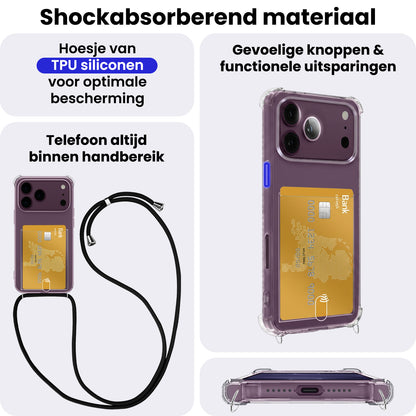 iPhone 18 Pro Max Hoesje Kaarthouder met Koord Backcover Shockproof - Transparant