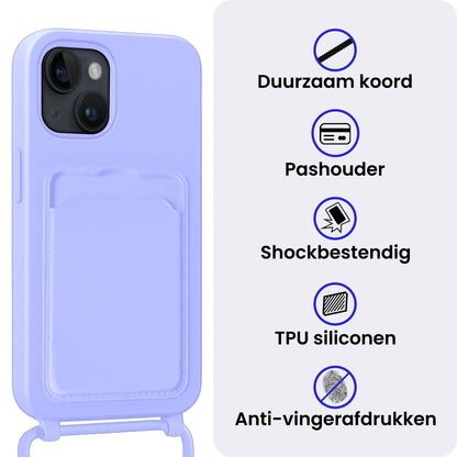 iPhone 15 Hoesje Met Telefoonkoord en Pasjeshouder Siliconen - Lila