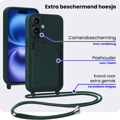 iPhone 16 Hoesje Met Telefoonkoord en Pasjeshouder Siliconen - Donkergroen