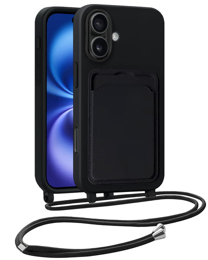 iPhone 16 Hoesje Met Telefoonkoord en Pasjeshouder Siliconen - Zwart