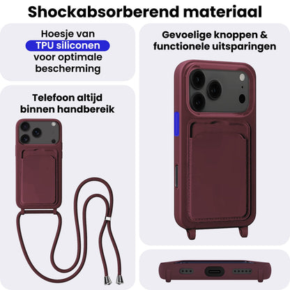 iPhone 17 Pro Max Hoesje Met Telefoonkoord en Pasjeshouder Siliconen - Aubergine