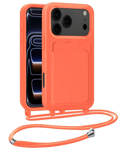 iPhone 17 Pro Hoesje Met Telefoonkoord en Pasjeshouder Siliconen - Papaya
