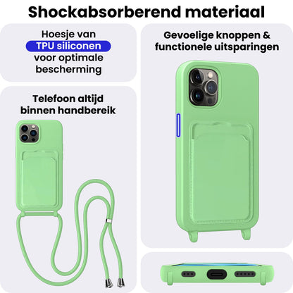 iPhone 13 Pro Hoesje Met Telefoonkoord en Pasjeshouder Siliconen - Groen